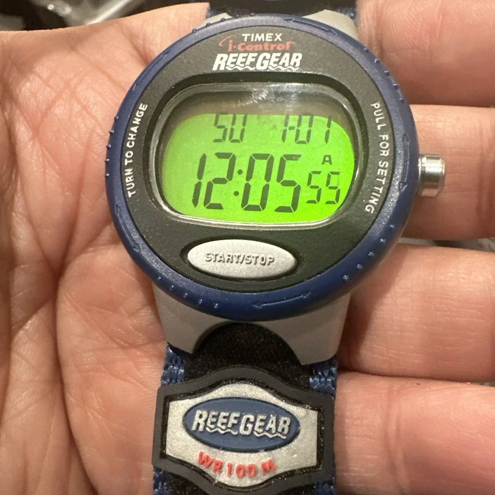 Works Timex Reefgear‎ Men Digital Watch Blue Plastic Nylon Chron Alarm Date 100m